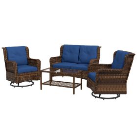 Outsunny 4 Piece Rattan Patio Furniture Set, Conversation Set with Swivel Rocking Chairs, Table & Loveseat for Garden, Patio, Blue