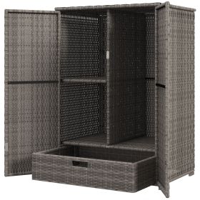 Outsunny Outdoor PE Rattan Wicker Towel Rack, Pool Toy Cabinet, Hot Tub Accessory Storage, Freestanding Cabinet w/ 2 Doors & Drawer for Spa, Dark