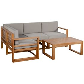 Outsunny 5 Seater L Shaped Patio Furniture Set, Wood Outdoor Sectional Sofa Conversation Set with Coffee Table and Cushions for Garden, Grey