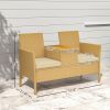 Outsunny Patio Sofa Wicker Loveseat with Built-in Flip-Top Coffee Table and Cushions for Balcony, Garden, Lawn, Backyard, Khaki