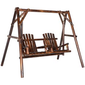 Adirondack Swing Chair Outdoor 2-Seat Freestanding Solid Wood With Center Table Carbonized (Color: brown)