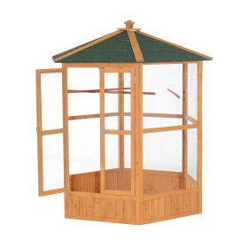 69 Large Wooden Bird Aviary Hexagonal Outdoor Aviary Flight Bird Cage With Covered Roof, Brown (Color: brown)